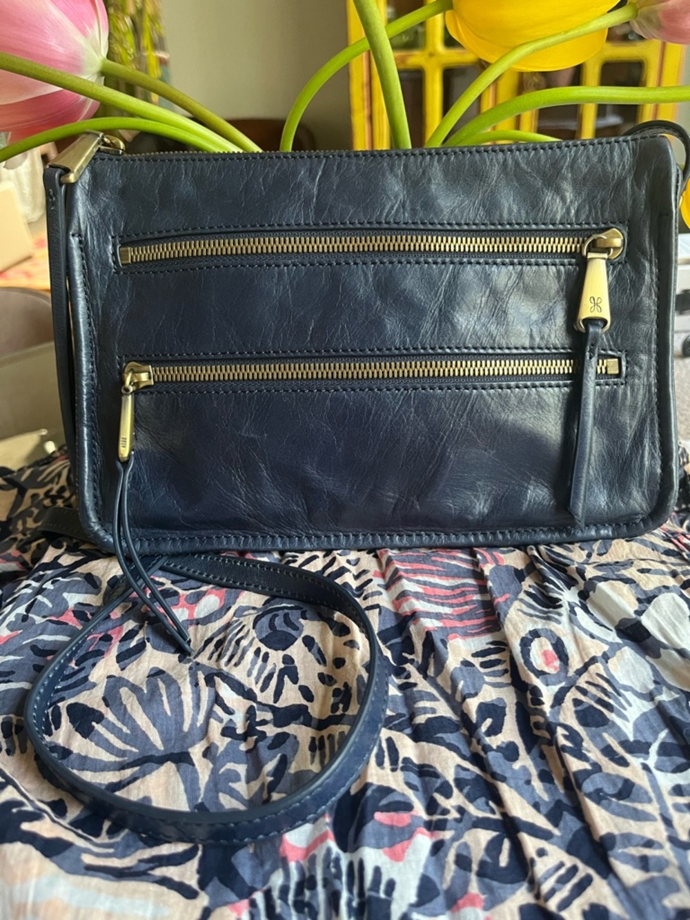 HOBO Navy Leather Crossbody with Gold Zippers